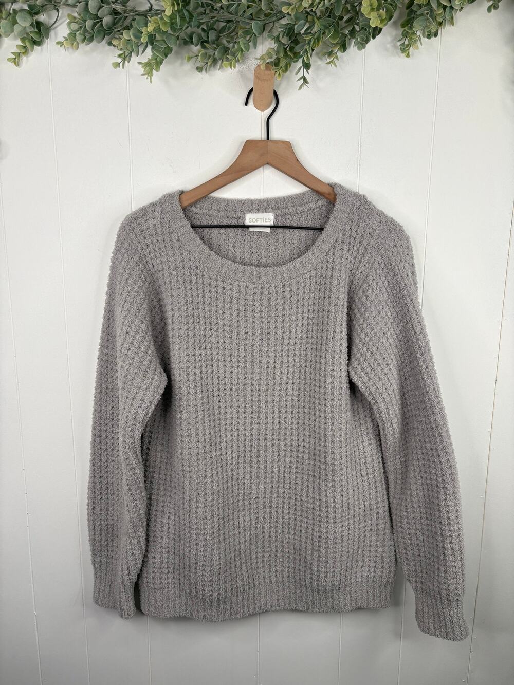 Softies Waffle Marshmallow Boatneck Sweater Large Gray Loungewear Top